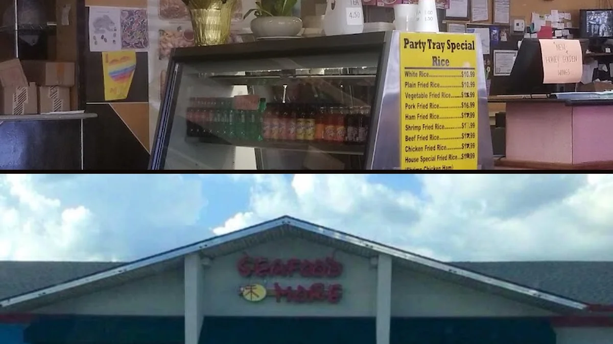 Takeout containers beside a seafood meal